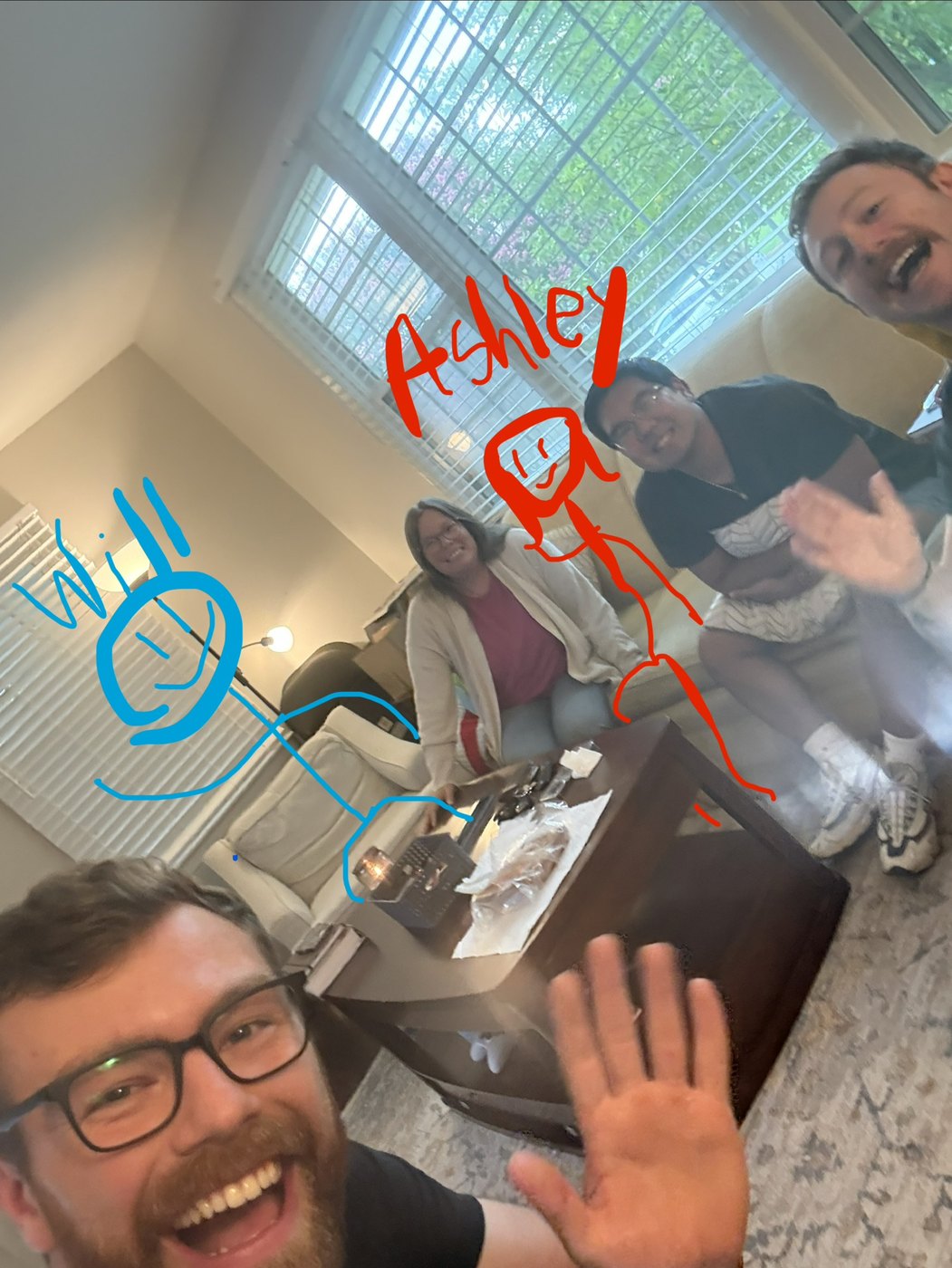 The same selfie, with Will and Ashley labelled in marker