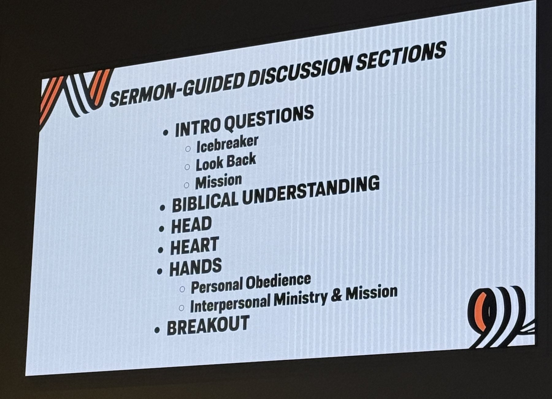 Sermon-guided discussion sections: intro questions (icebreaker, look back, mission), biblical understanding, head, heart, hands (personal obedience, interpersonal ministry and mission), breakout